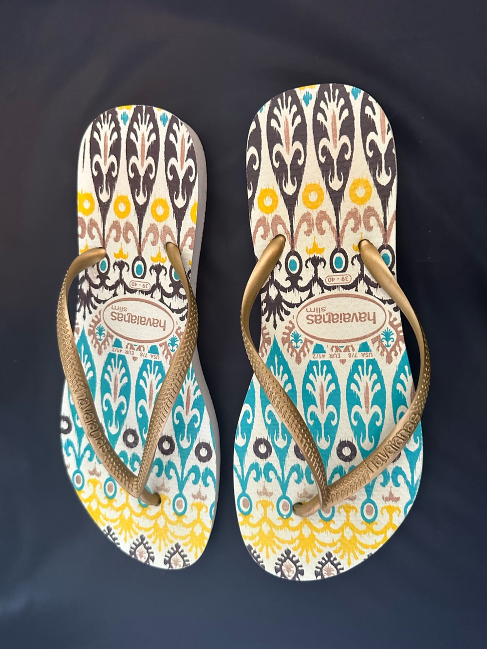 Havaianas Women's Teal, Yellow & Gold Patterned Flip Flops